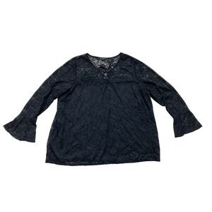 Lane Bryant Black Floral Lace Lace-Up V-Neck Bell Sleeve Blouse Plus‎ Size 22/24